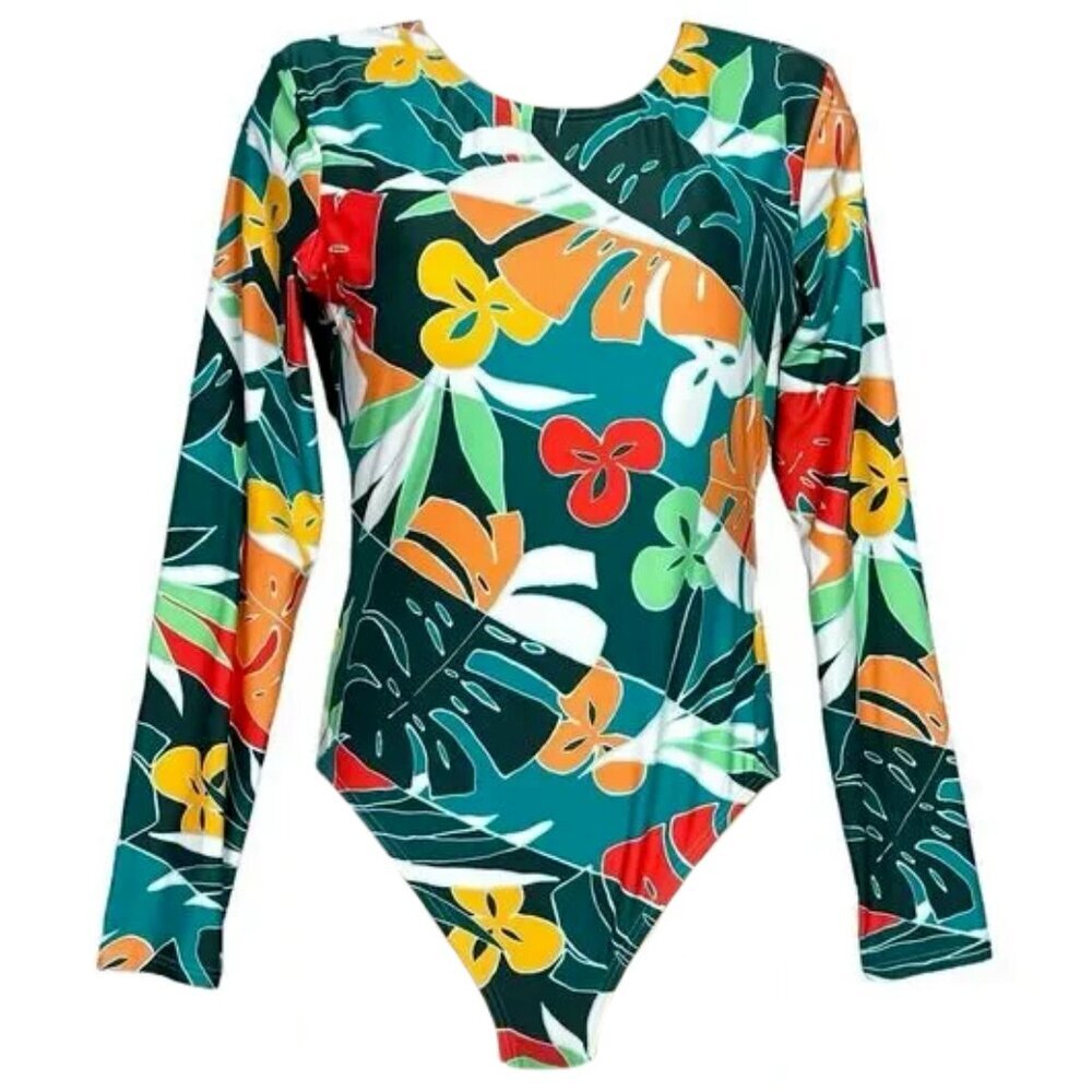 NWT Vince Camuto Swimsuit One Piece Open Back Tropical Print Long Sleeve 8